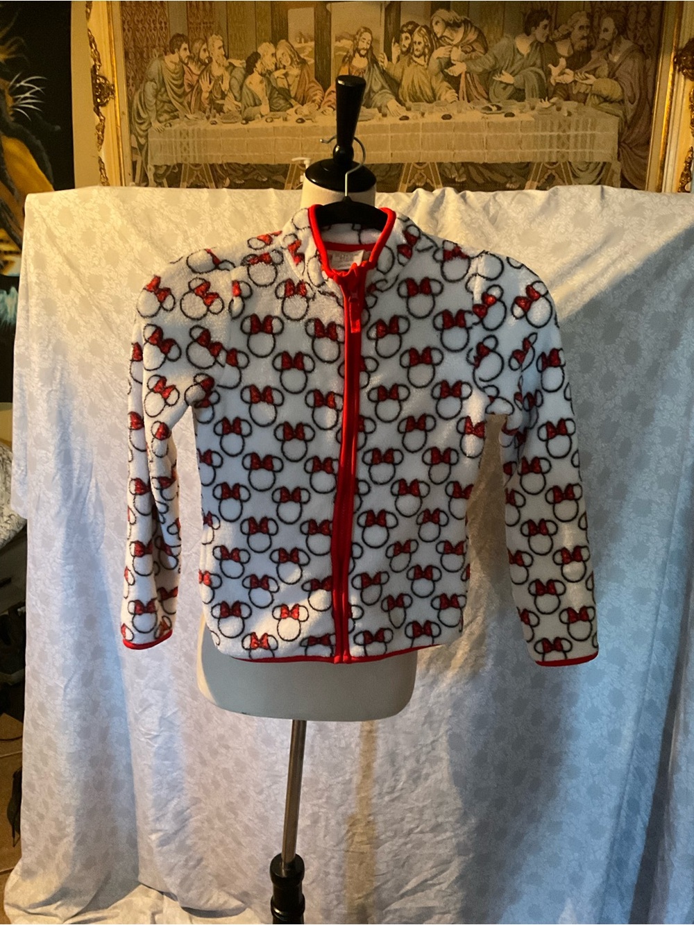 Disney Girls White Fleece Jacket with Red Trim & Minnie Bow Print